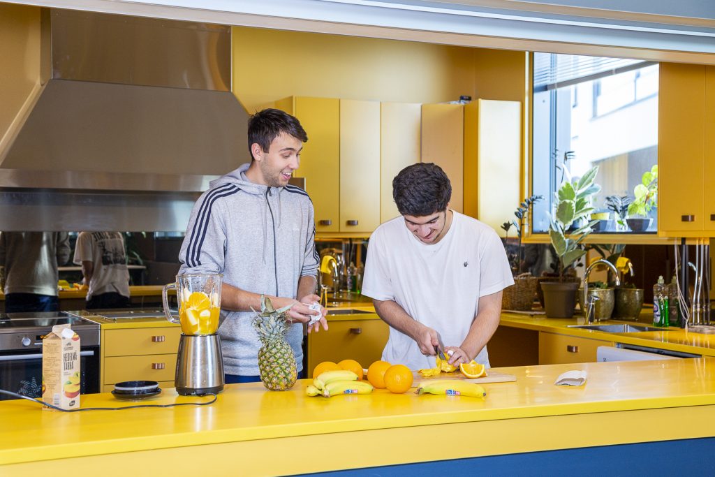 Kaksi nuorta miestä leikkaamassa hedelmiä smoothieta varten
