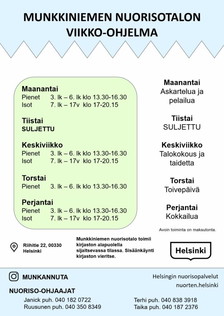 Munkkiniemen nuorisotalon viikko-ohjelma