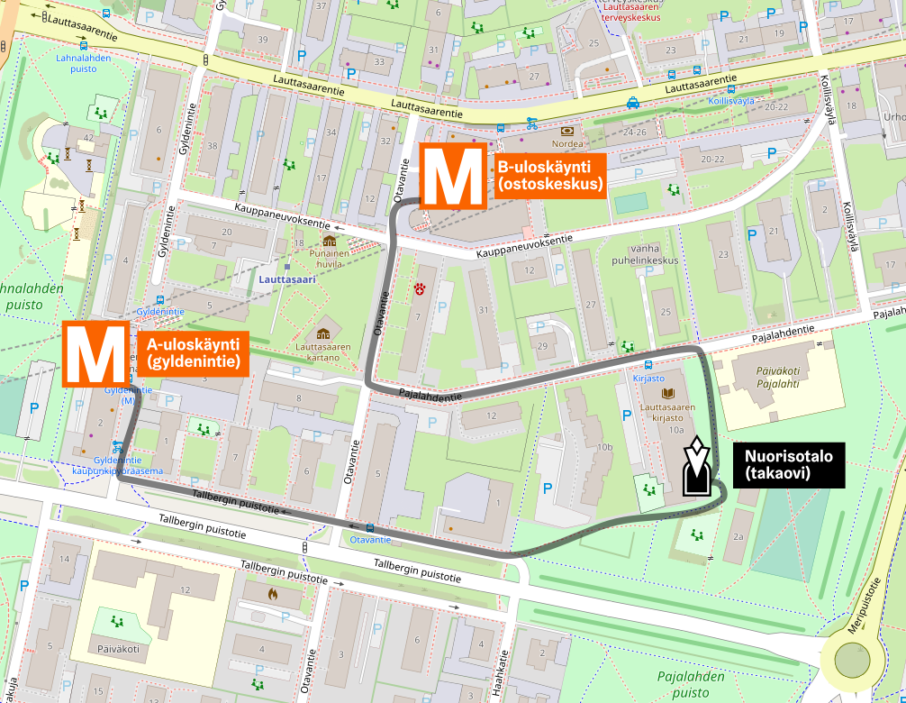 kartta Lauttasaaren metroasemalta nuorisotalon ropetoimintaan