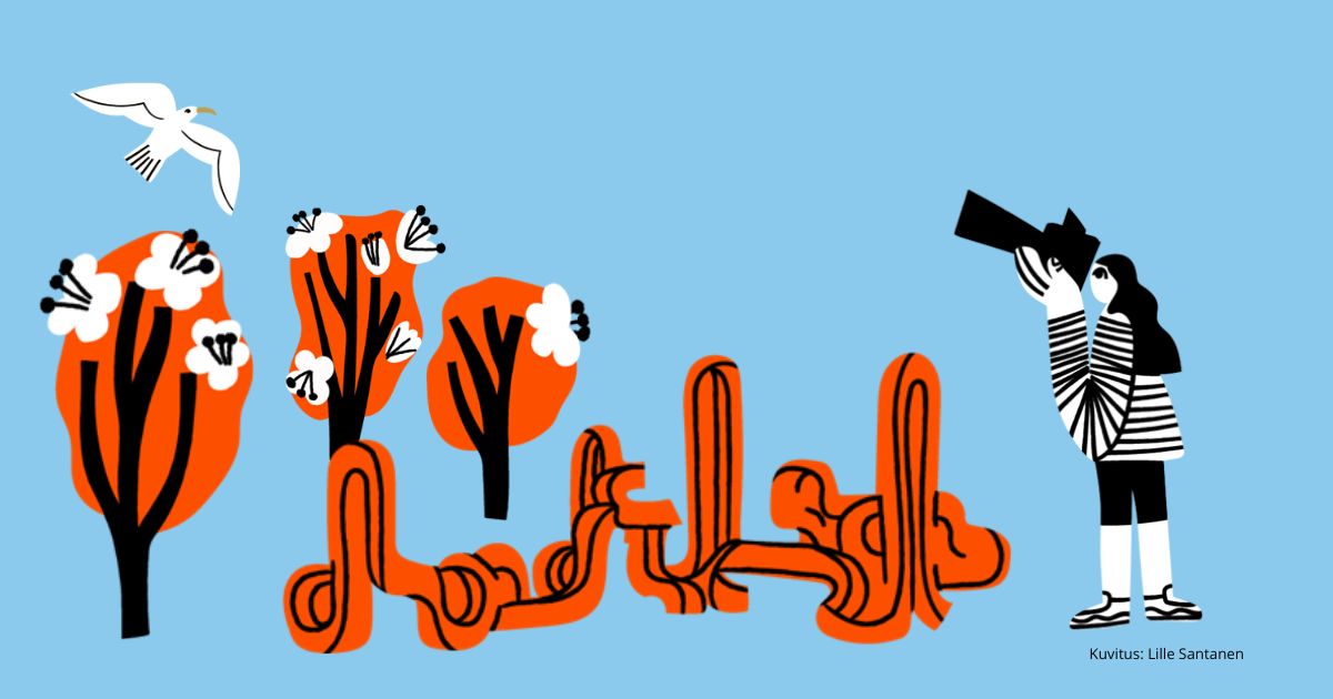 Vaalean sininen pohja,jossa piirrettyjä kuvia. Kirsikkapuita ja kiikaroiva nuori, jolla raitapaita.