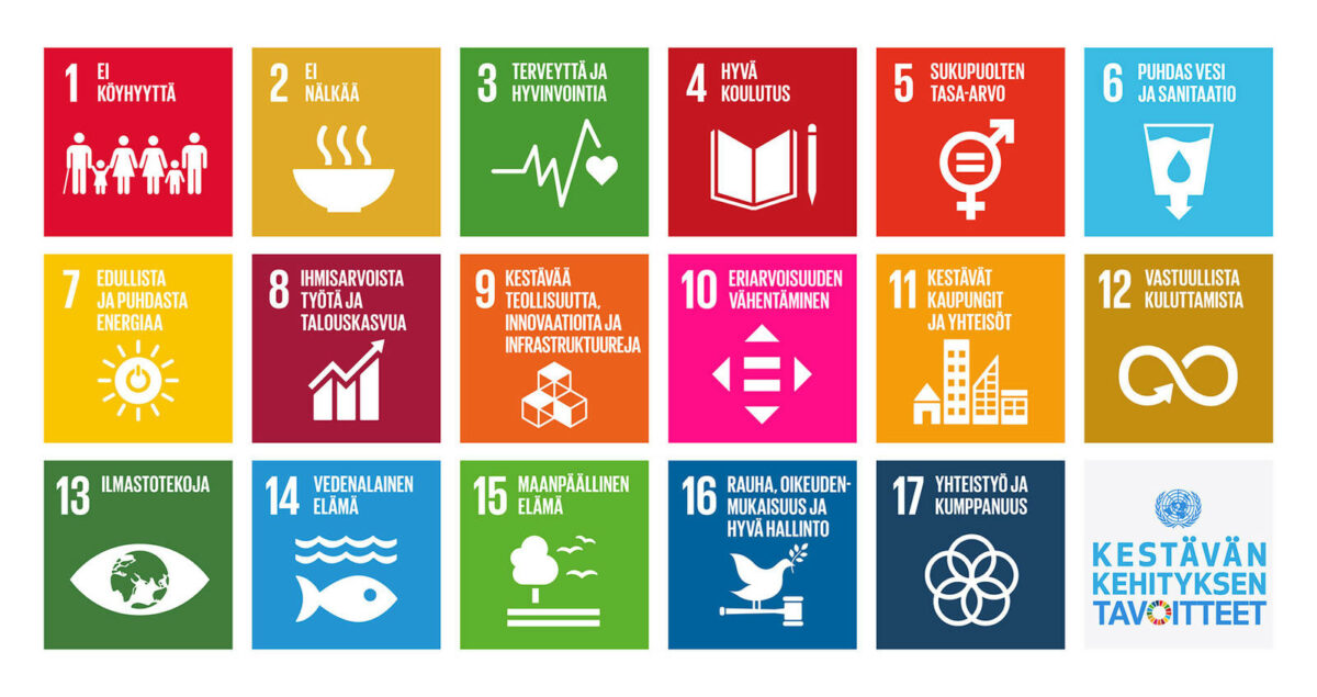 17 tavoitetta, jotka maiden tulisi yhdessä saavuttaa vuoteen 2030 mennessä (Agenda2030).