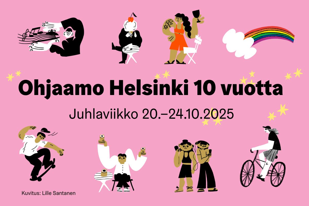 Vaalenapunaisella pohjalla piirrettyjä kuvia, joissa hauskoja henkilöitä